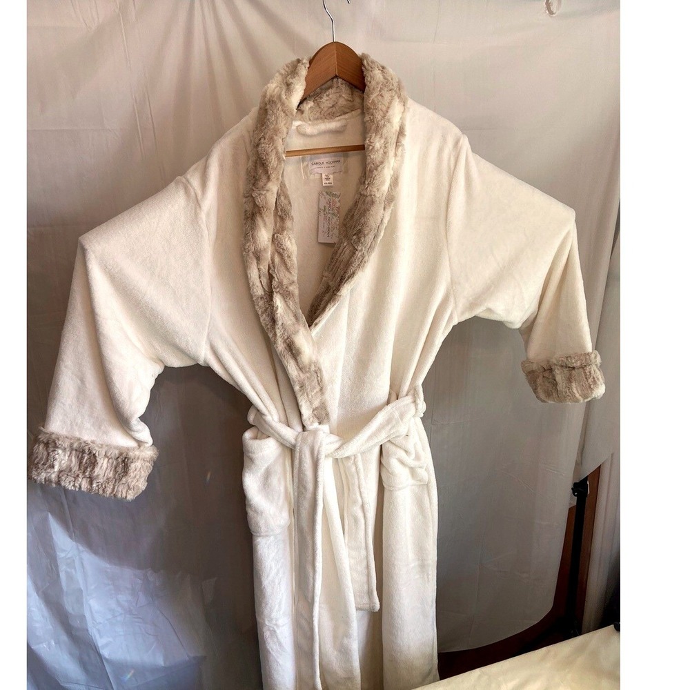 Carole Hochman Women XXL Cream Plush Robe Faux Fur Trim‎ NWT Long Sleeve Belted